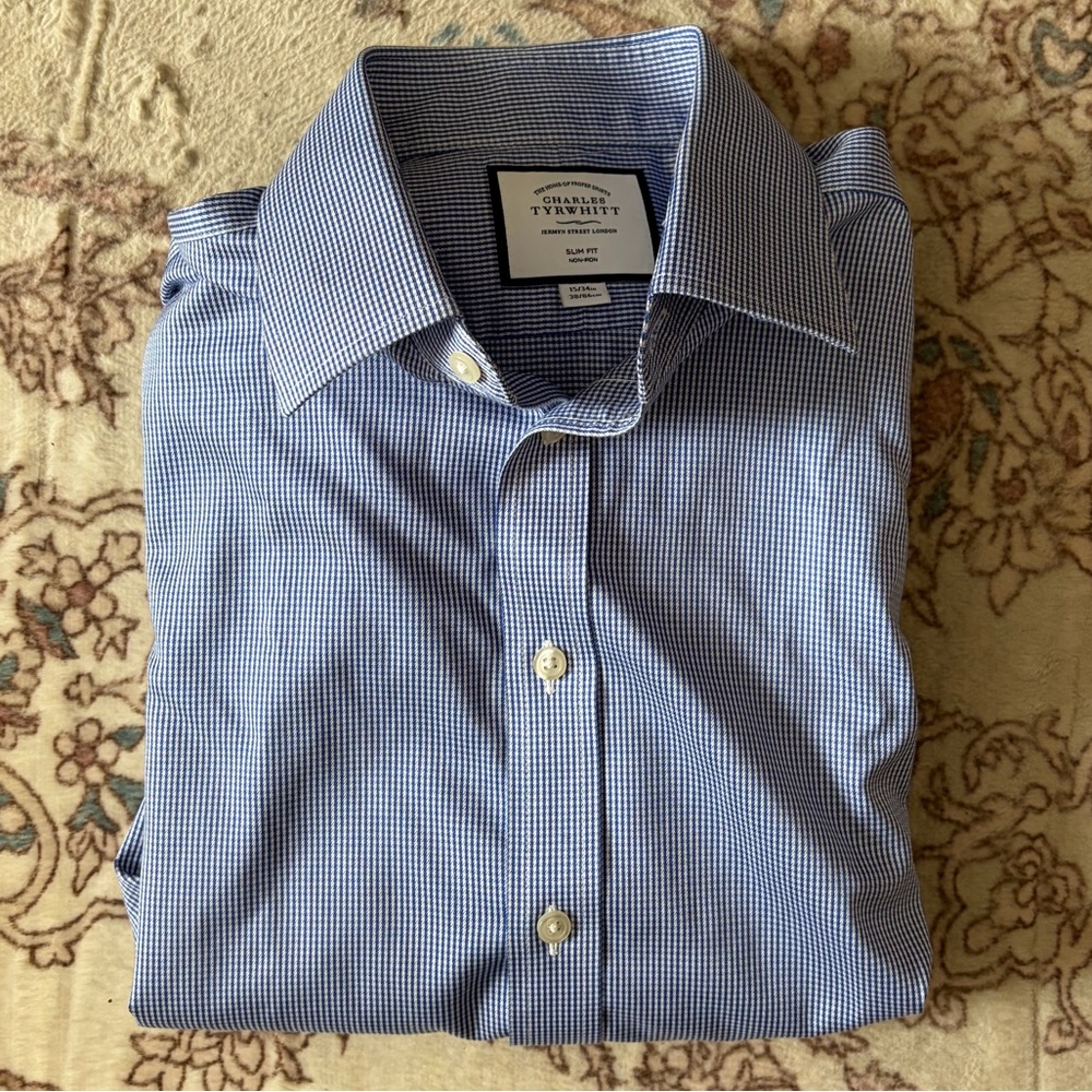 Charles Tyrwhitt Dress Shirt Royal Blue Puppytooth Non-Iron Slim Fit 15/34in